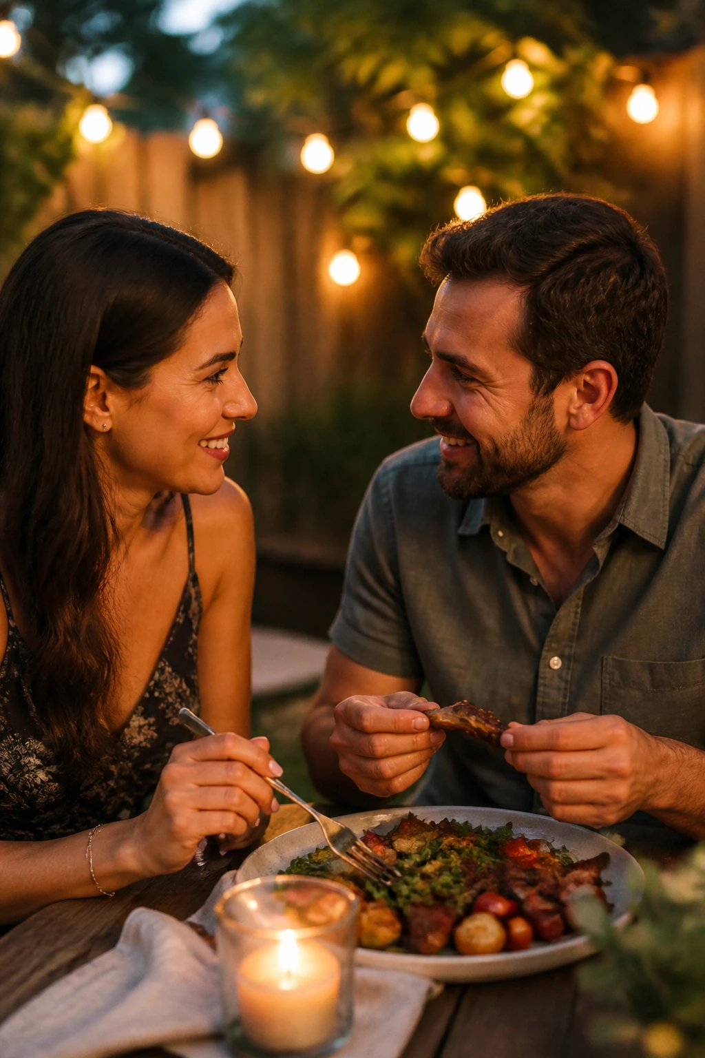 Couple enjoying a quiet backyard meal at golden hour