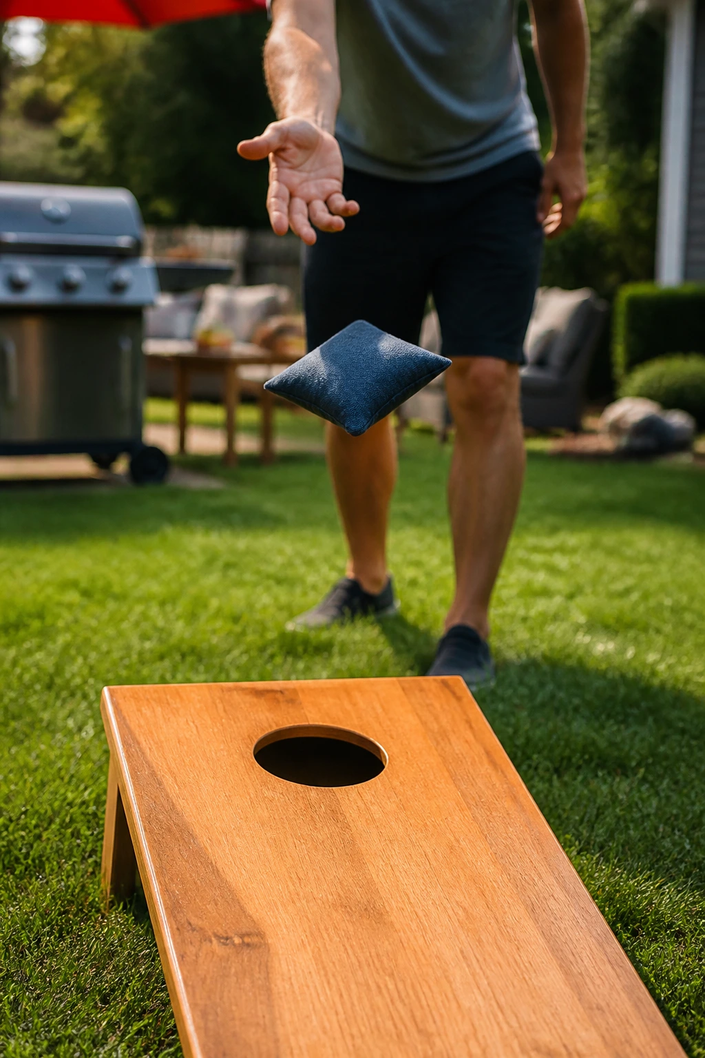 Close-up of hands tossing a beanbag toward a wooden target on a sunny backyard lawn