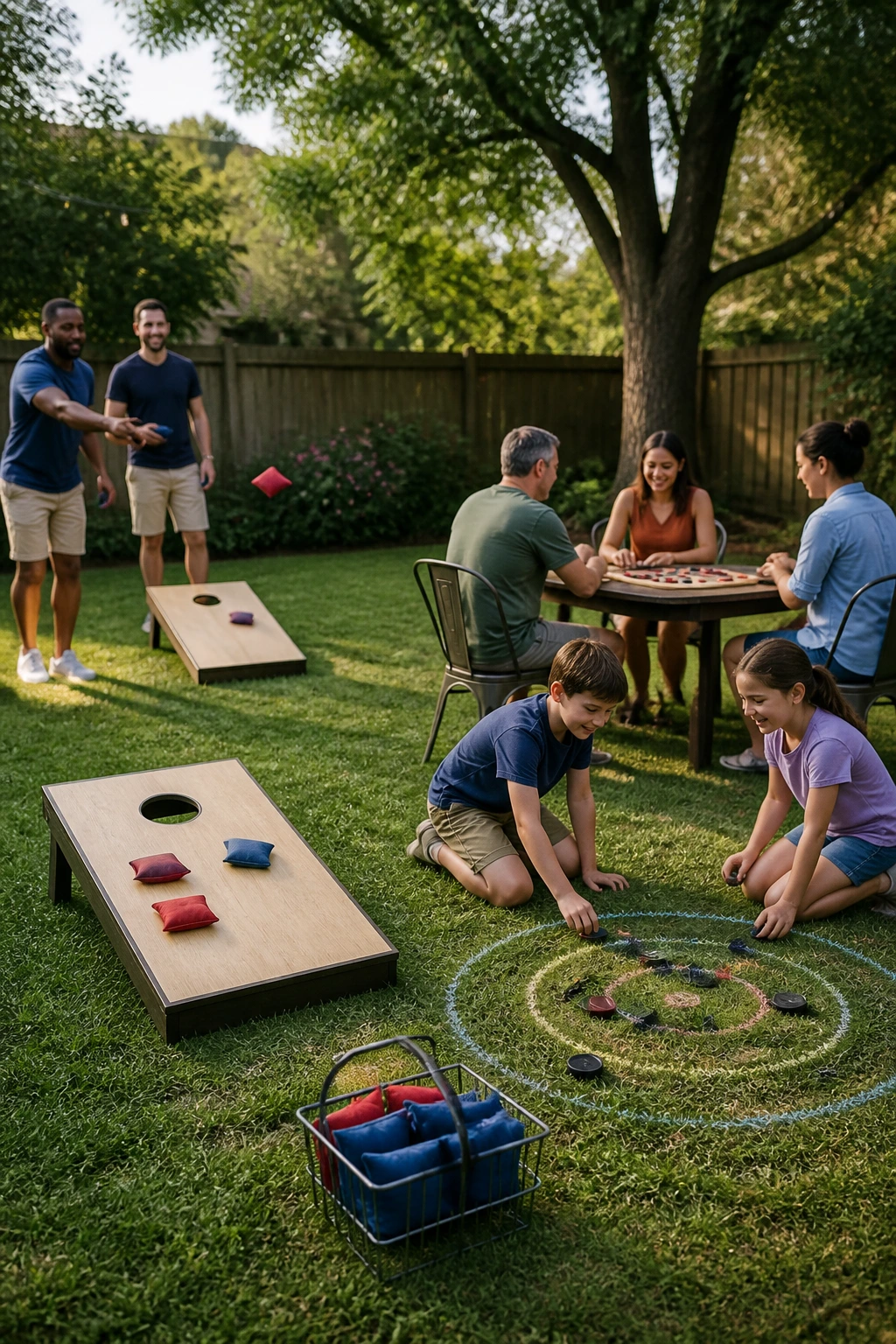 Backyard scene with varied compact cookout game setups on sunlit lawn