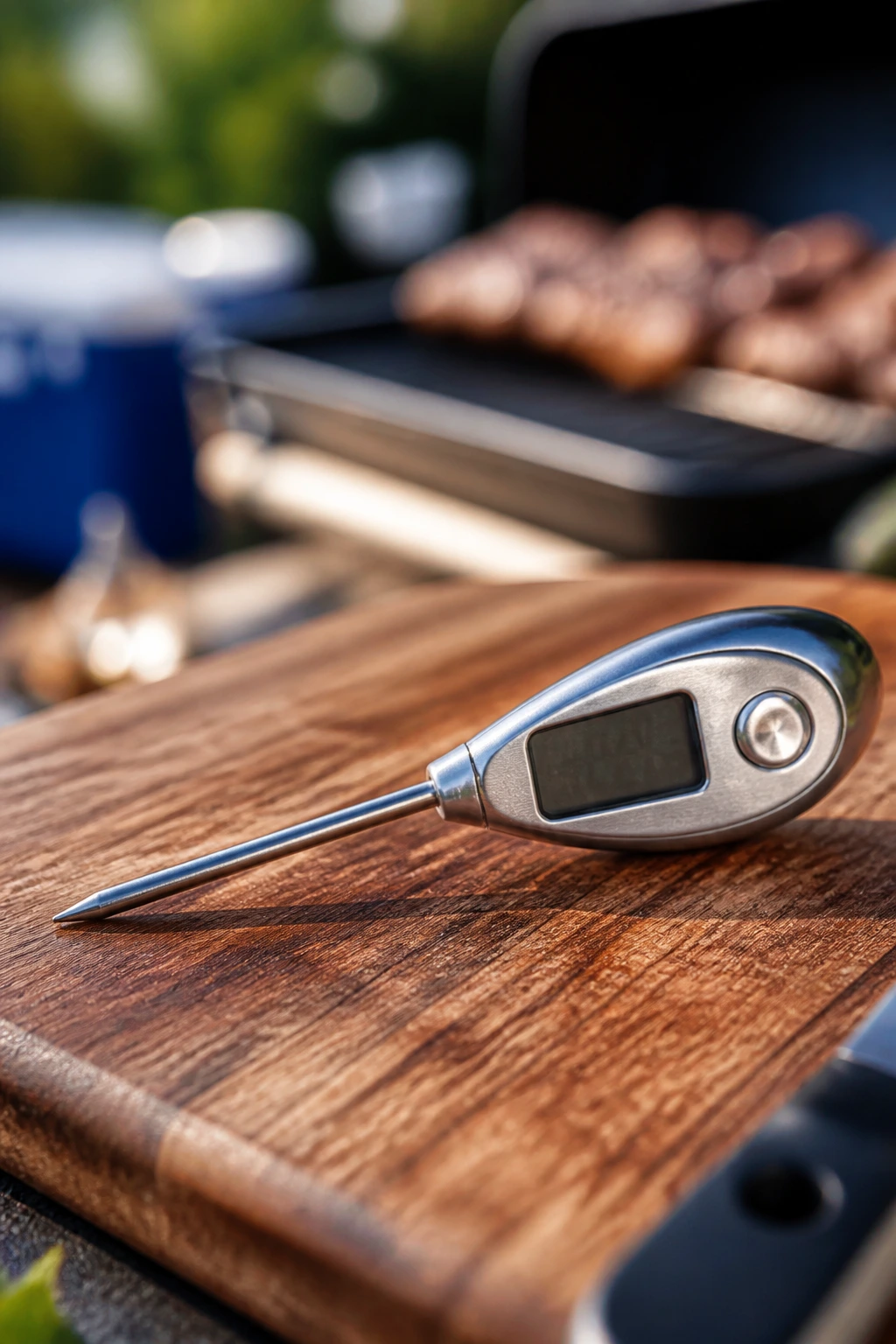 Close-up of an instant-read thermometer on a cutting board outdoors
