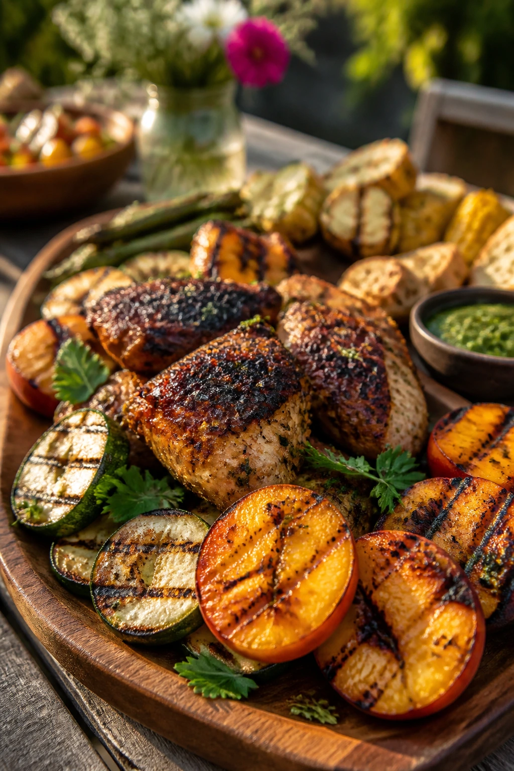 Close-up of a backyard grazing board with charred chicken and grilled peaches in warm light