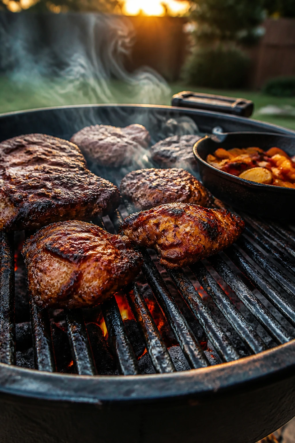 Backyard grill grate with char marks and smoke.
