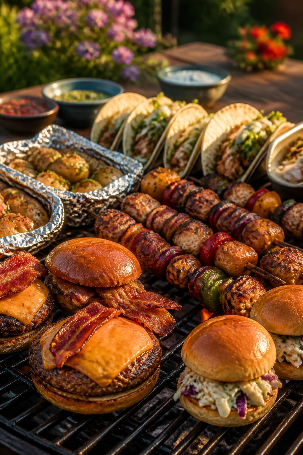 Lineup of grilled foods on a backyard grill featuring burgers, skewers, sliders, and foil packets