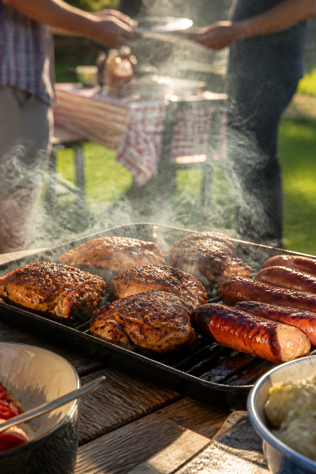 Close-up of grilled chicken thighs and sausages with smoke in a backyard picnic setting