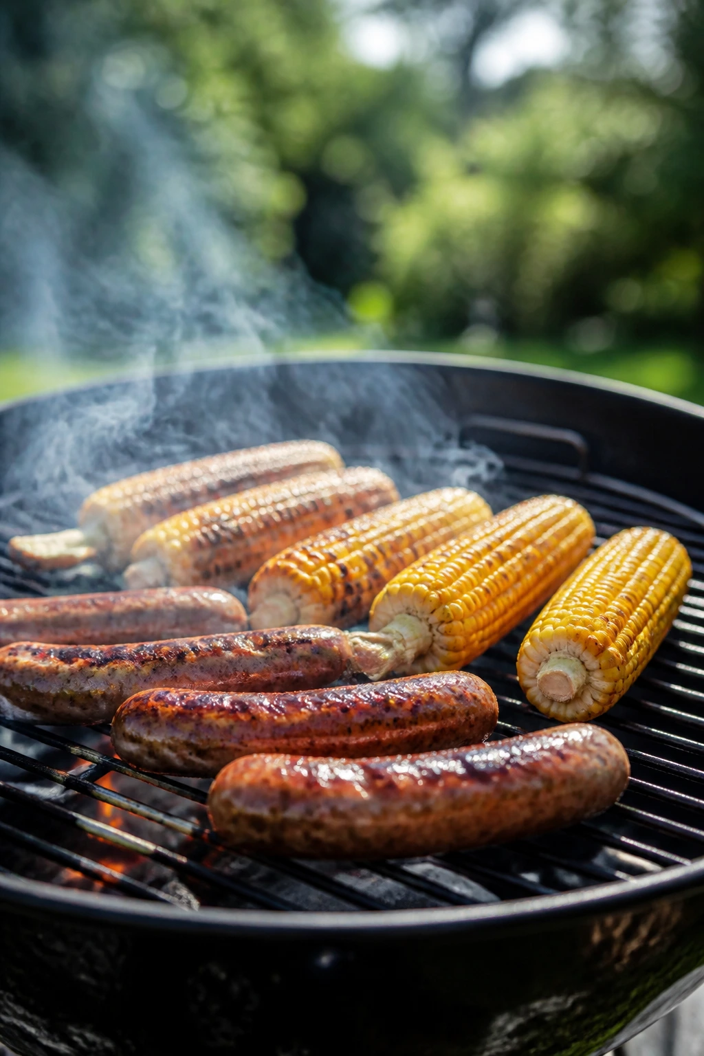 Close-up of backyard grill with sausages and corn cooking, smoke rising