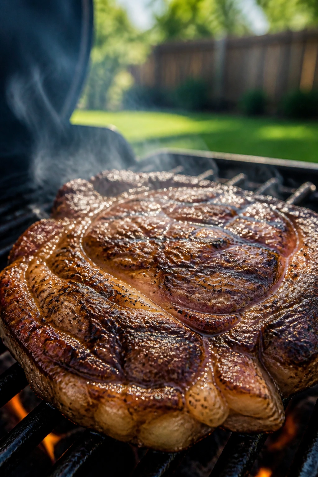 Close-up of a juicy ribeye on a hot grill in a sunny backyard