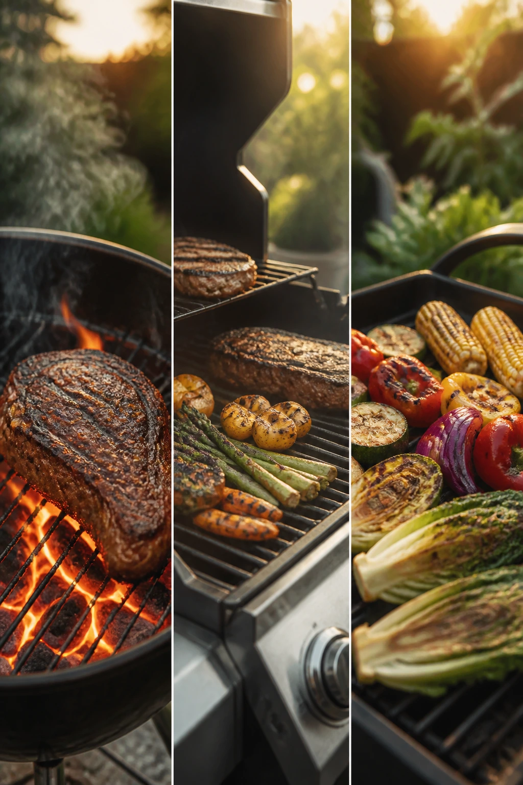 Triptych backyard grill variations: charcoal crusted steak, gas grill vegetables, veggie-forward spread in golden hour light
