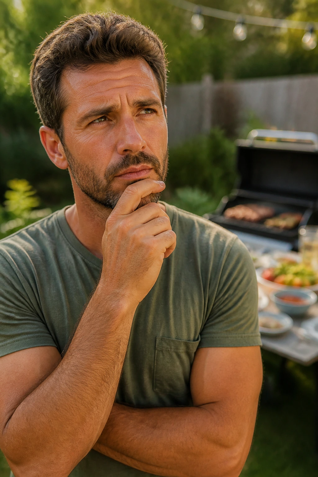 Portrait of a real person in a sunny backyard, looking thoughtful about grilling questions.