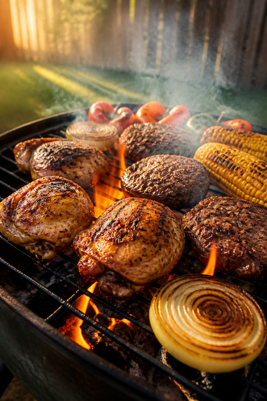 Close-up of a backyard grill with chicken, burgers, and corn cooking over direct flame.
