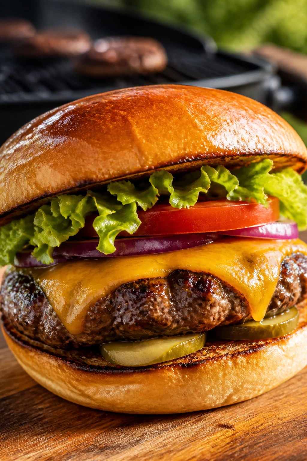 Juicy backyard hamburger on a toasted bun with fresh toppings in an outdoor setting