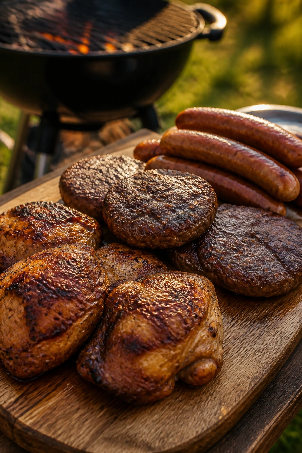 Plate with chicken thighs, burgers, and sausages on a rustic board outdoors