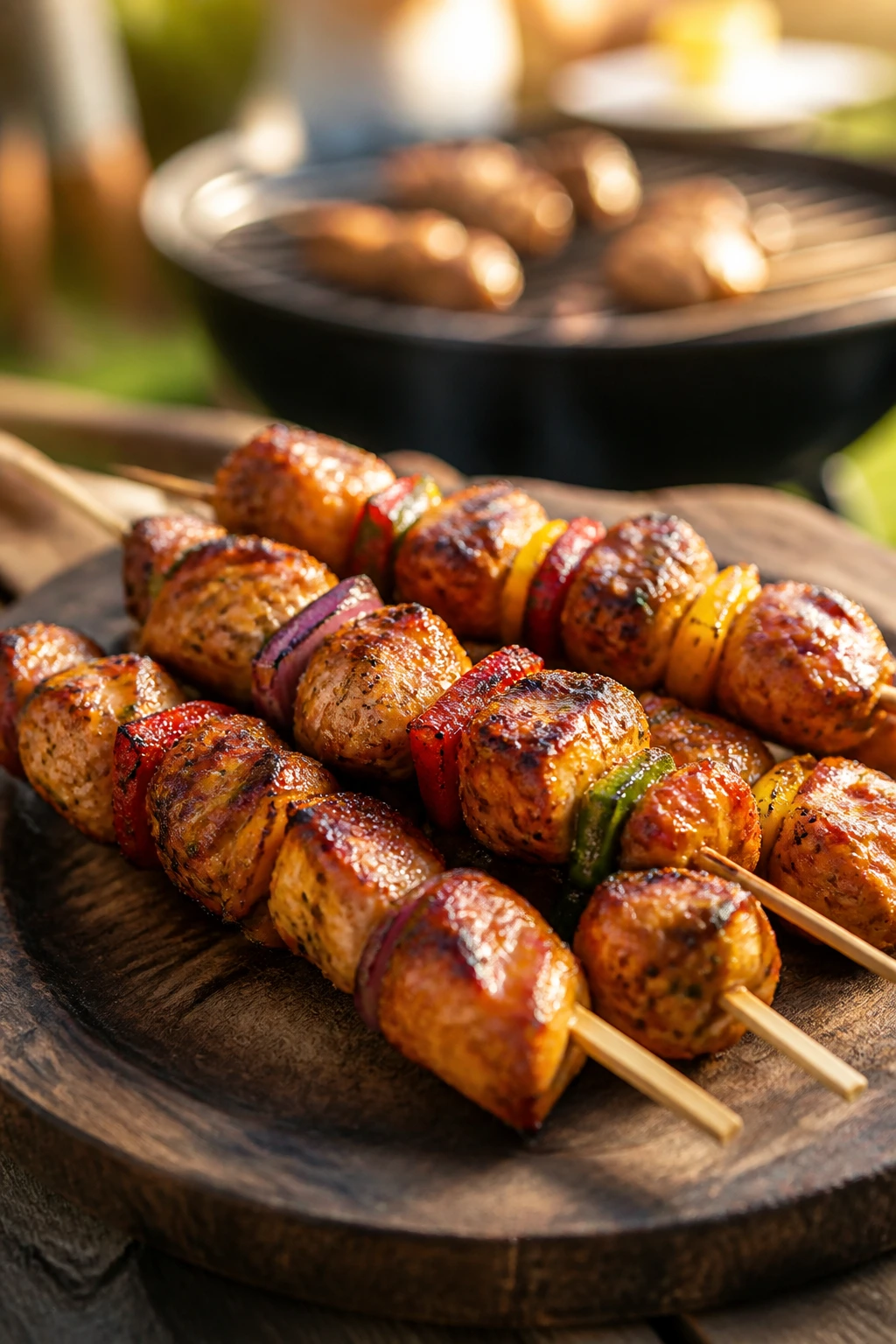 Close-up of bite-size marinated chicken skewers on a rustic platter for kids' backyard grill
