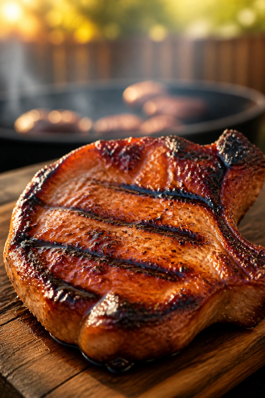 Close-up of a glossy grilled pork chop on a wooden board in a backyard setting