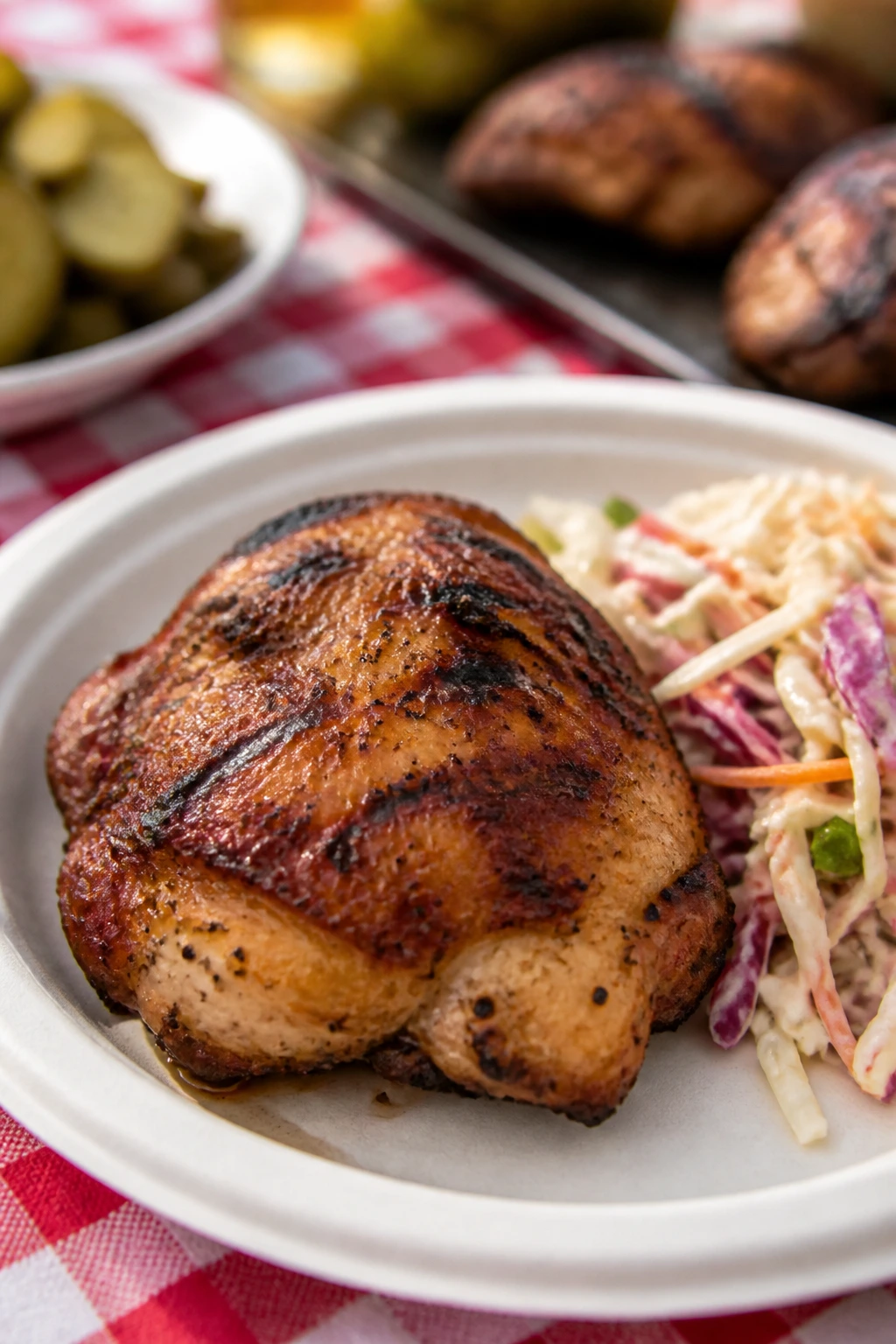 Plated chicken thigh with tangy slaw on a backyard table
