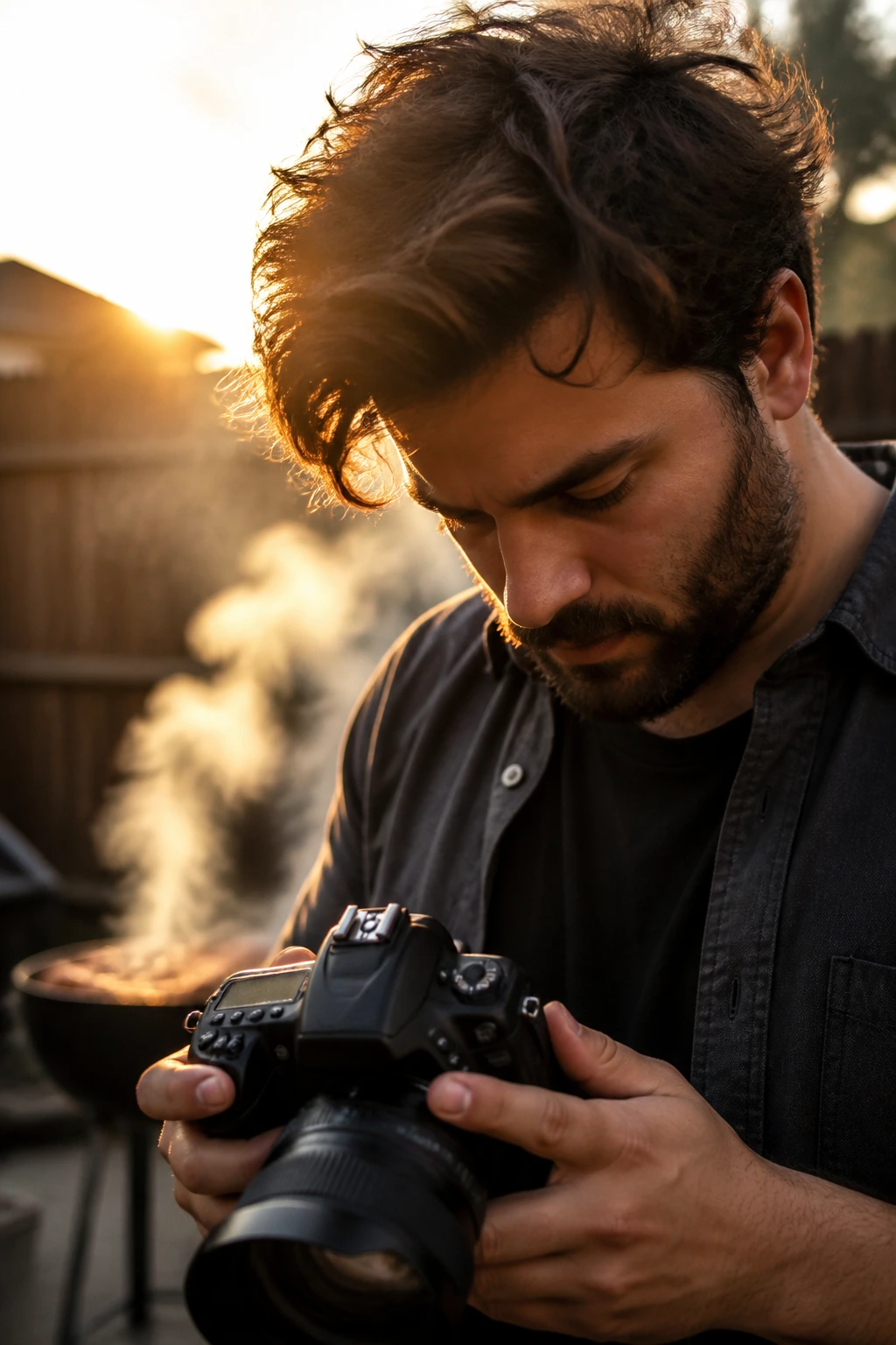 Close-up portrait of a photographer in a smoky backyard during golden hour.