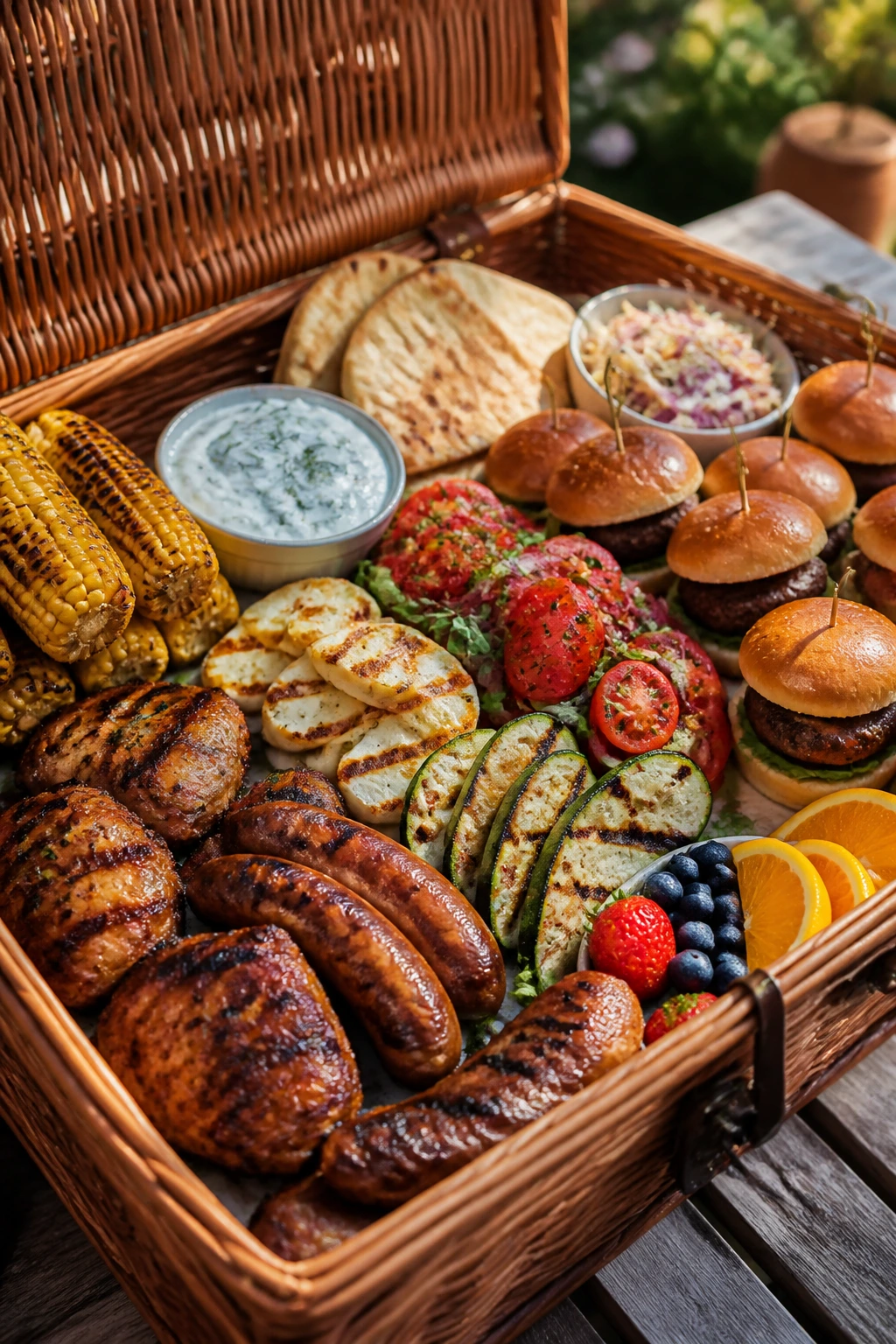 Close-up of a rustic picnic basket with a varied backyard spread filling the frame