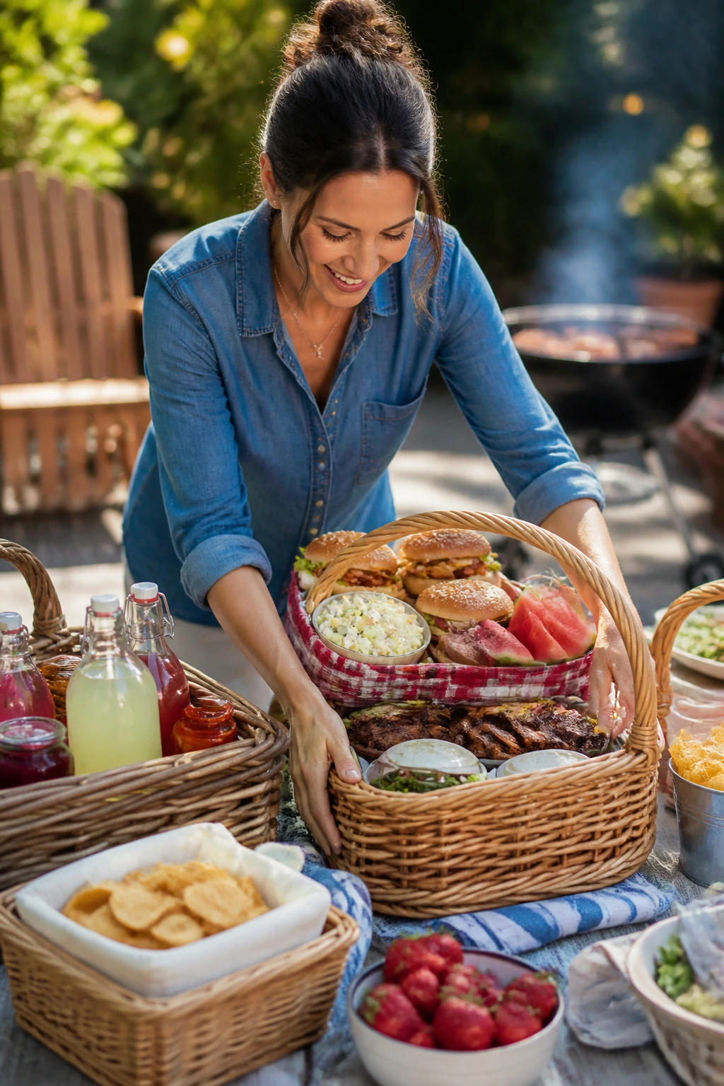 Hands arranging picnic baskets on a sunny backyard table