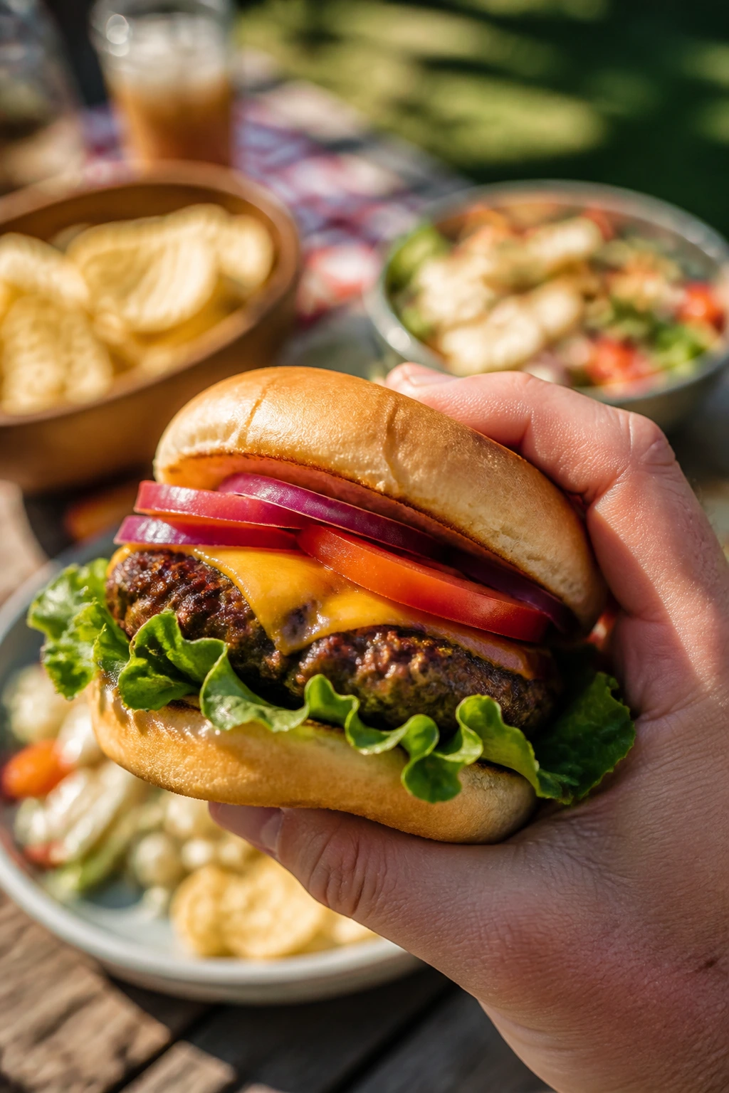 Close-up of a handheld cheeseburger on a sunny backyard table with nearby sides