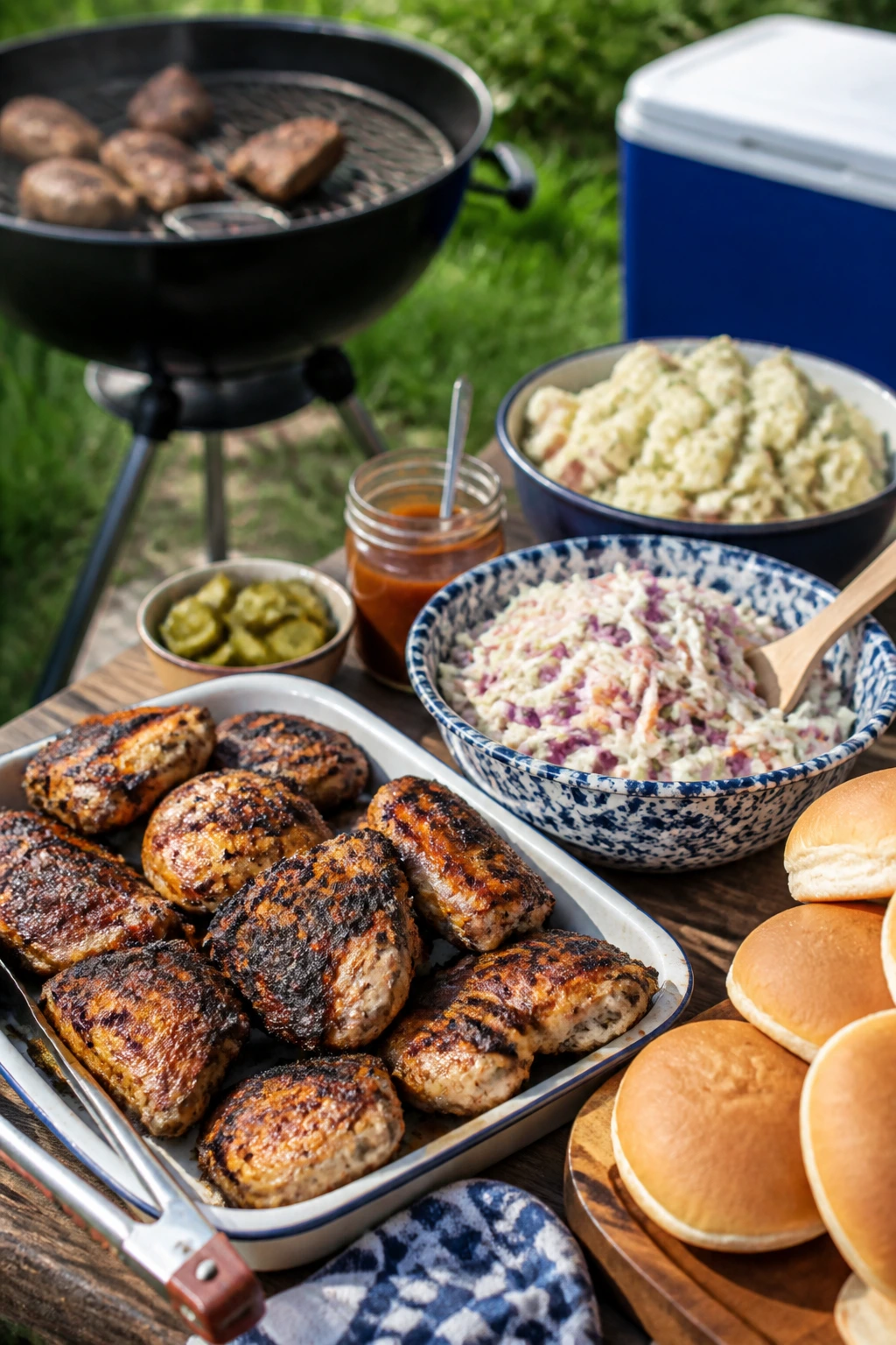 Close-up of backyard picnic spread with grilled chicken thighs, slaw, and potato salad on a wooden table; grill and cooler in background