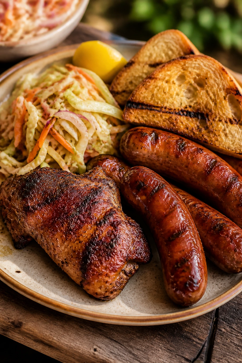 Backyard picnic plate with chicken thighs, sausages, slaw, and bread
