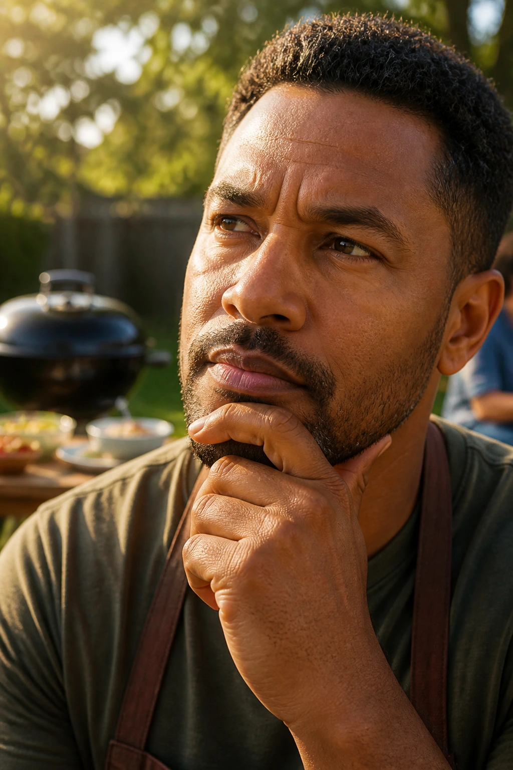 Real person in backyard looking thoughtful beside a grill