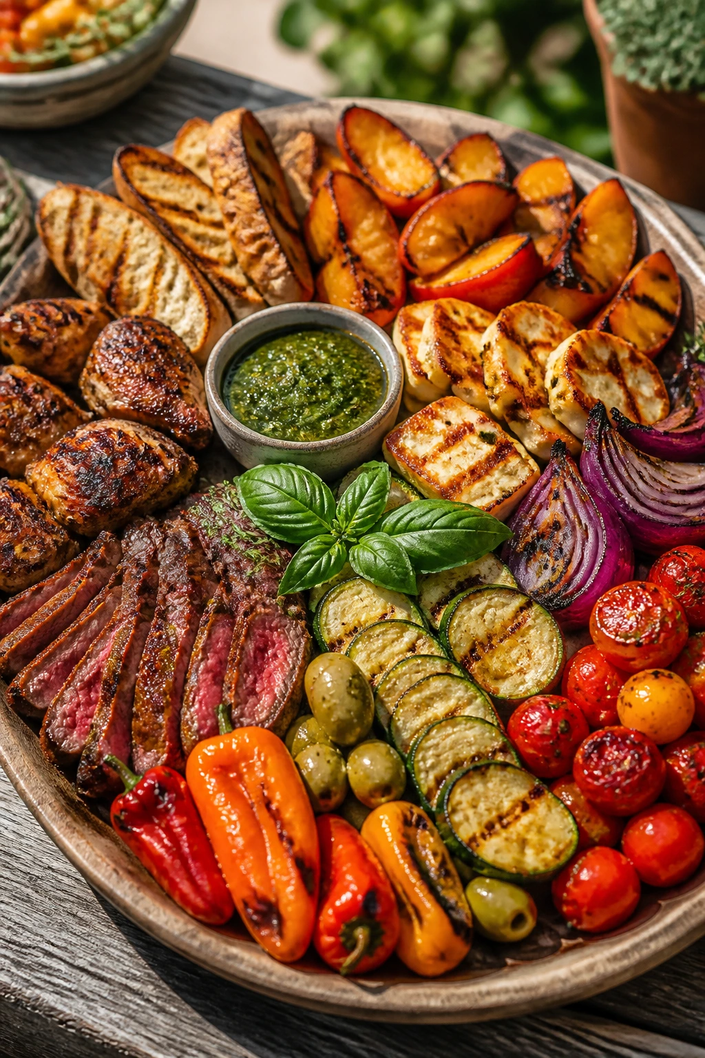 Colorful, organized backyard cookout platter ready for grazing