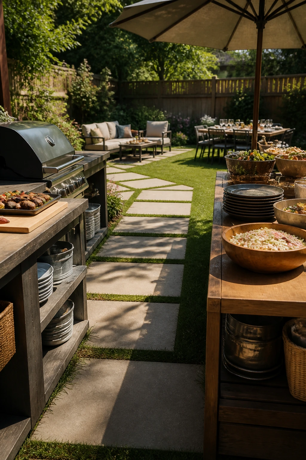 Wide backyard setup showing organized serving path with shade and stations