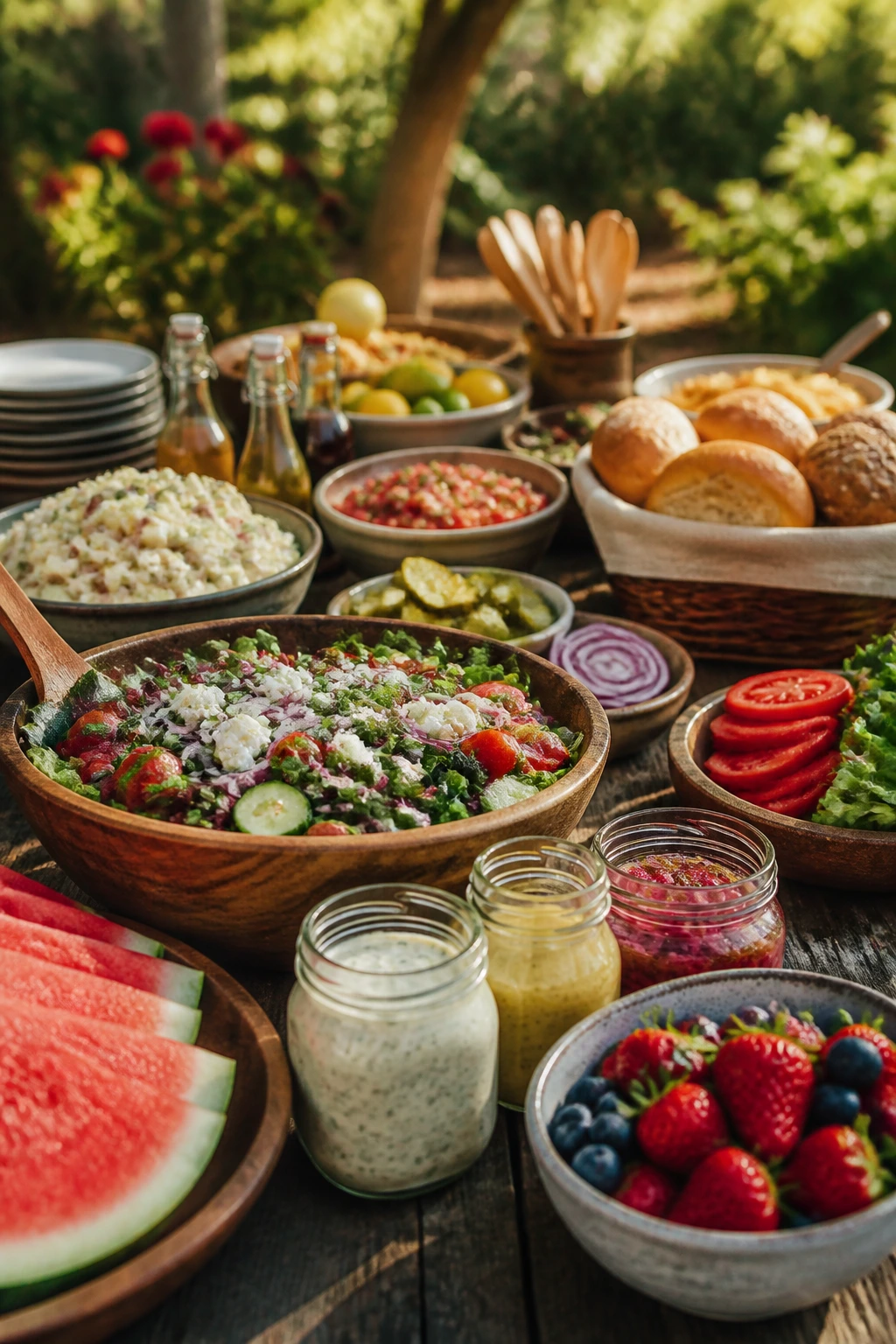 Outdoor table spread with assorted foods in a backyard