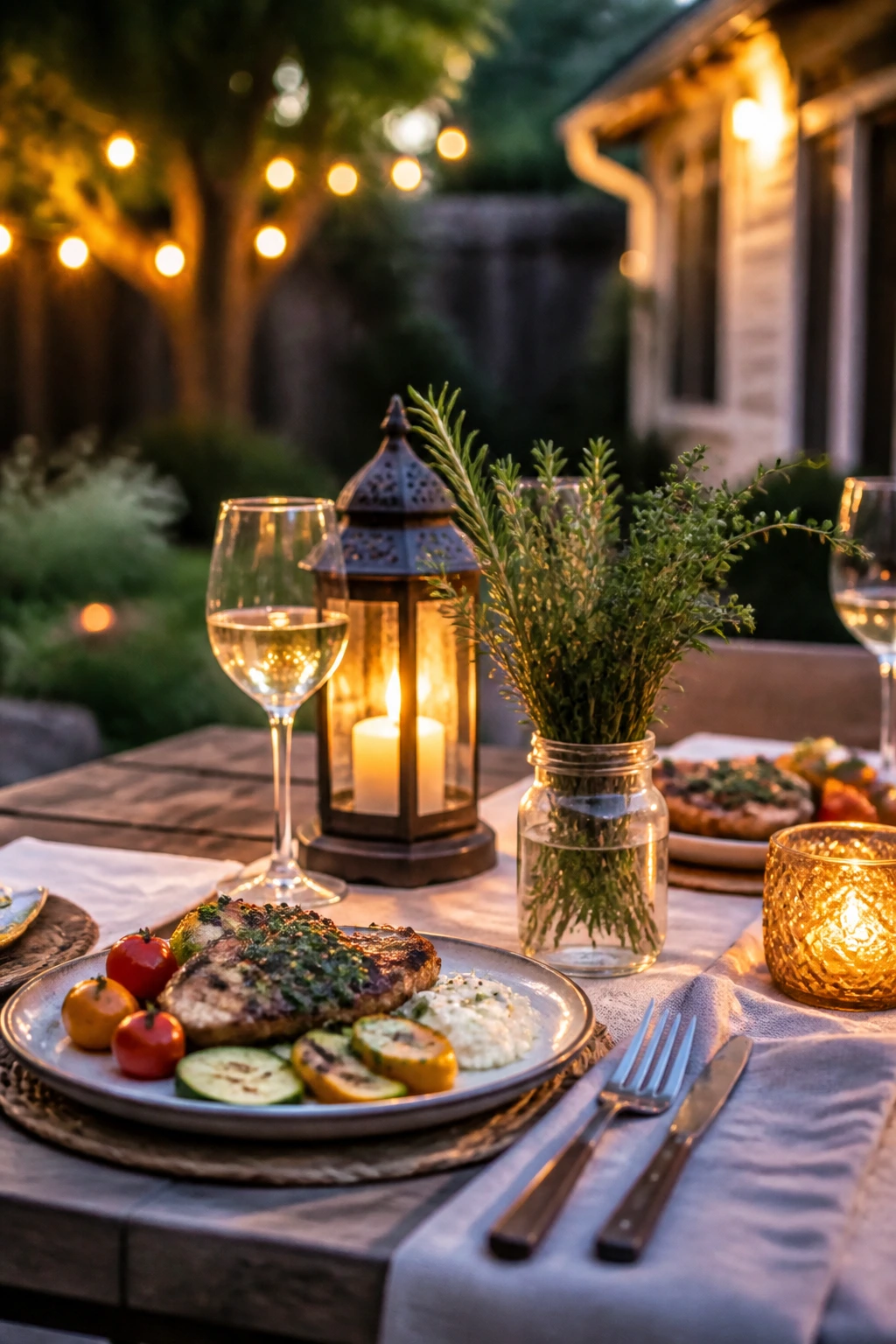 Romantic backyard table setting with plated meal and lantern glow