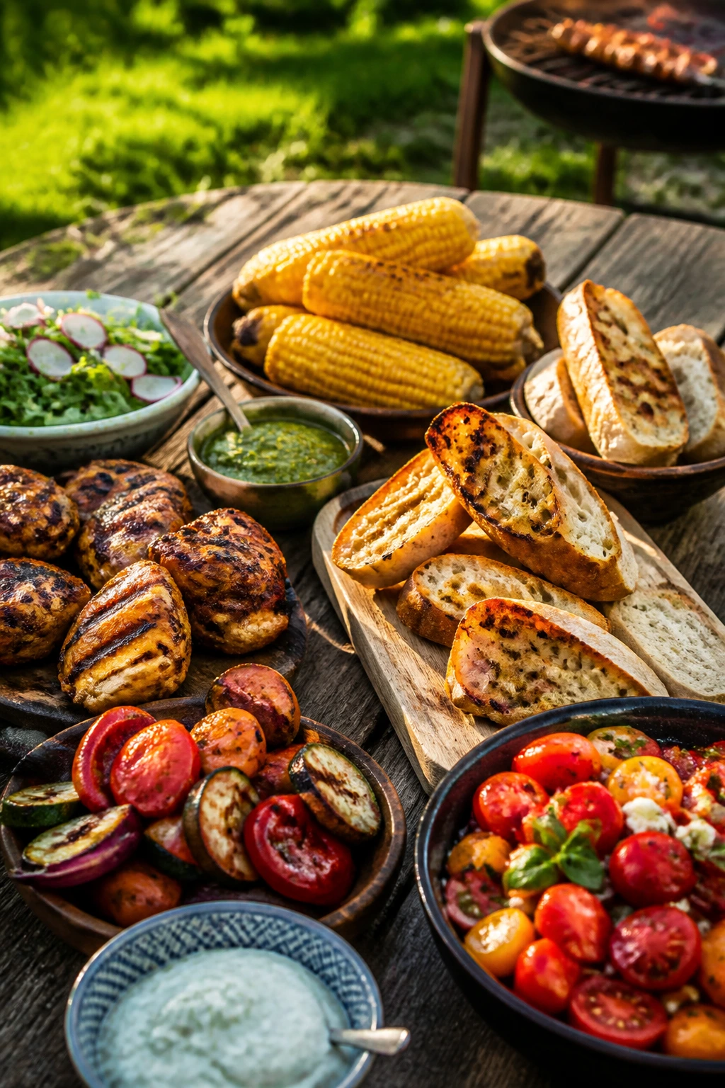 Close-up of a rustic backyard table loaded with grilled picnic spread: corn, bread, tomato salad, and charred vegetables in warm natural light.