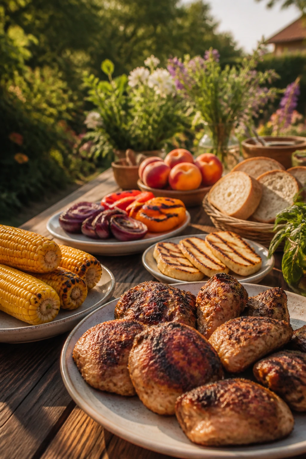 Well-balanced backyard table with diverse grilled foods on a warm evening