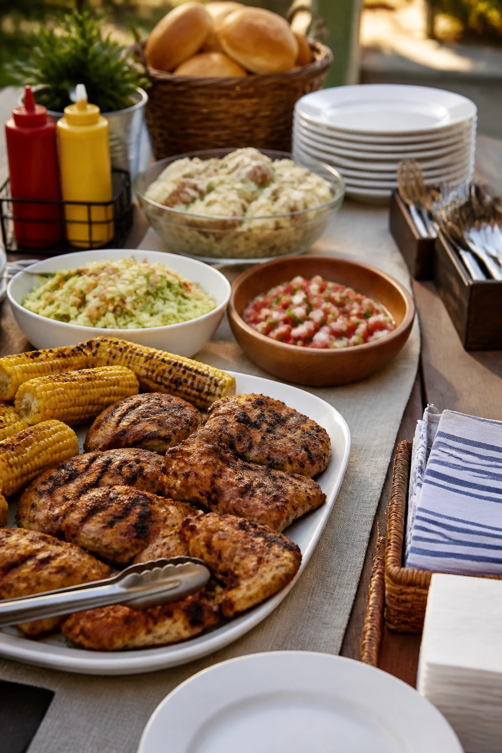 Outdoor table setting with organized serving line and large platter of chicken and corn