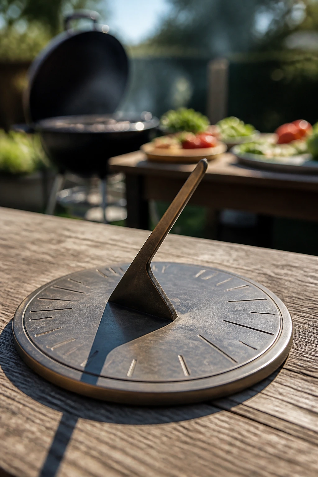 Close-up of a minimalist sundial in a backyard, casting a shadow over a wooden table
