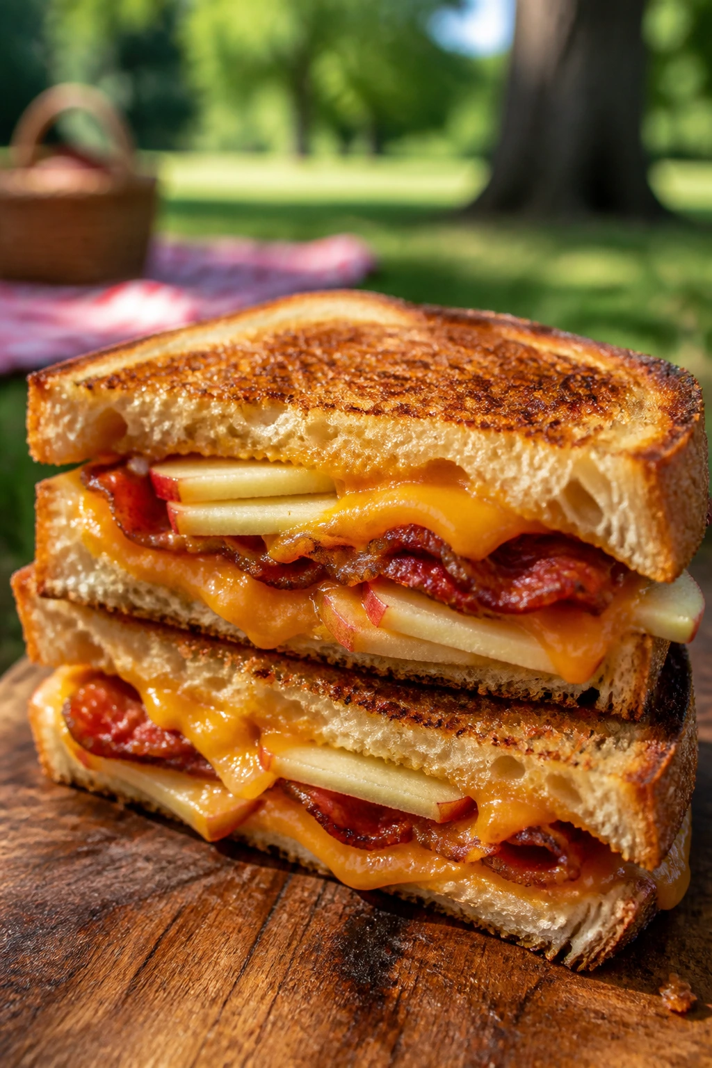 Cross-section of bacon, apple, and cheddar melt on sourdough with melted cheese