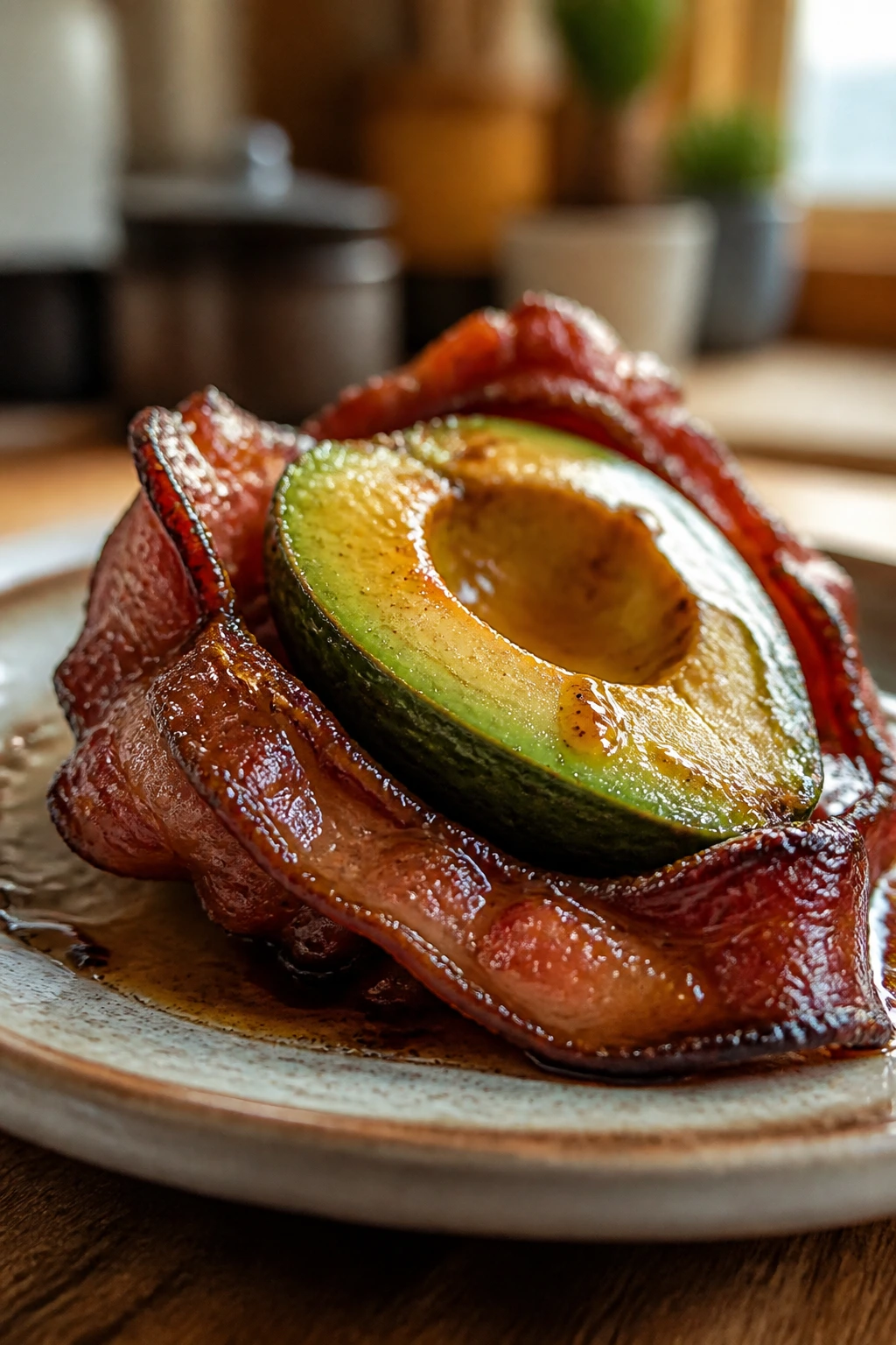 Close-up of bacon wrapped around avocado with glossy brown sugar glaze on a rustic plate