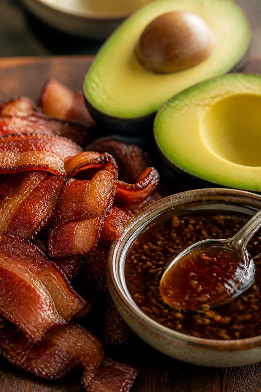 Close-up of bacon, avocado, and glaze textures showing weight balance