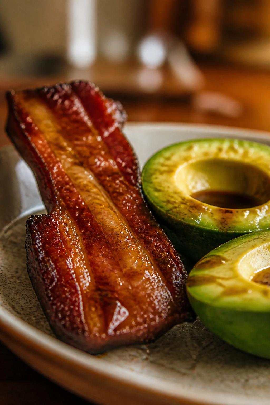 Close-up of bacon, avocado, and glaze on plate showing flavor harmony