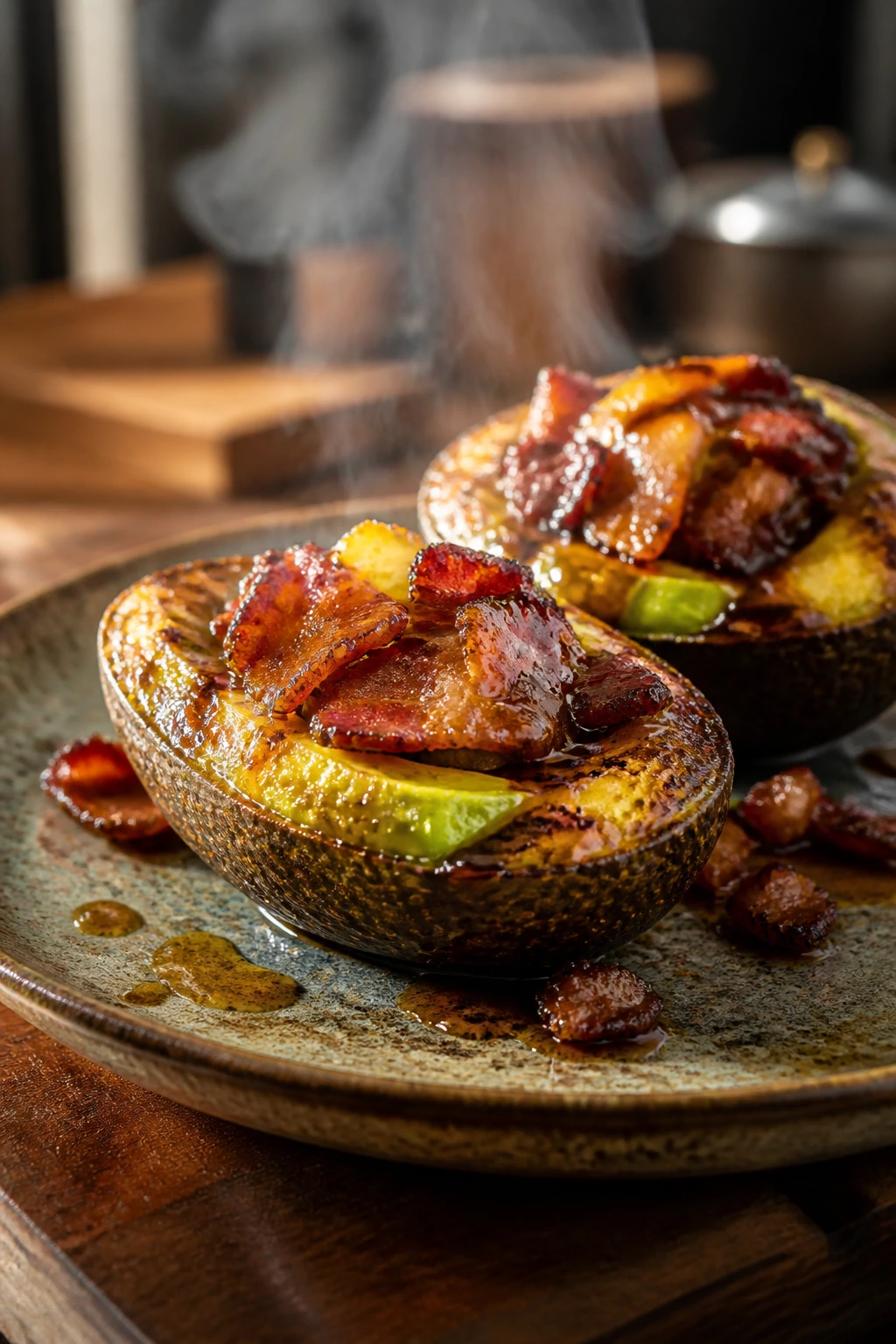 Close-up of hot smoky bacon avocado with glossy glaze and steam
