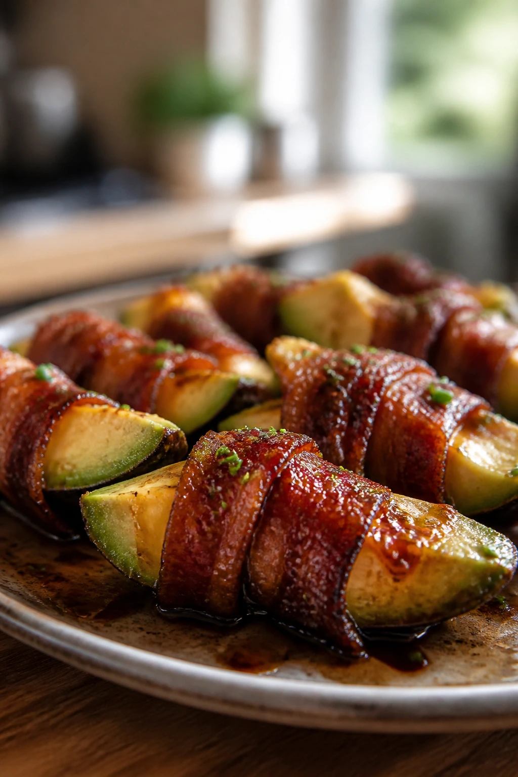 Hot plate of smoky bacon avocado with glossy glaze showing optimal serving moment