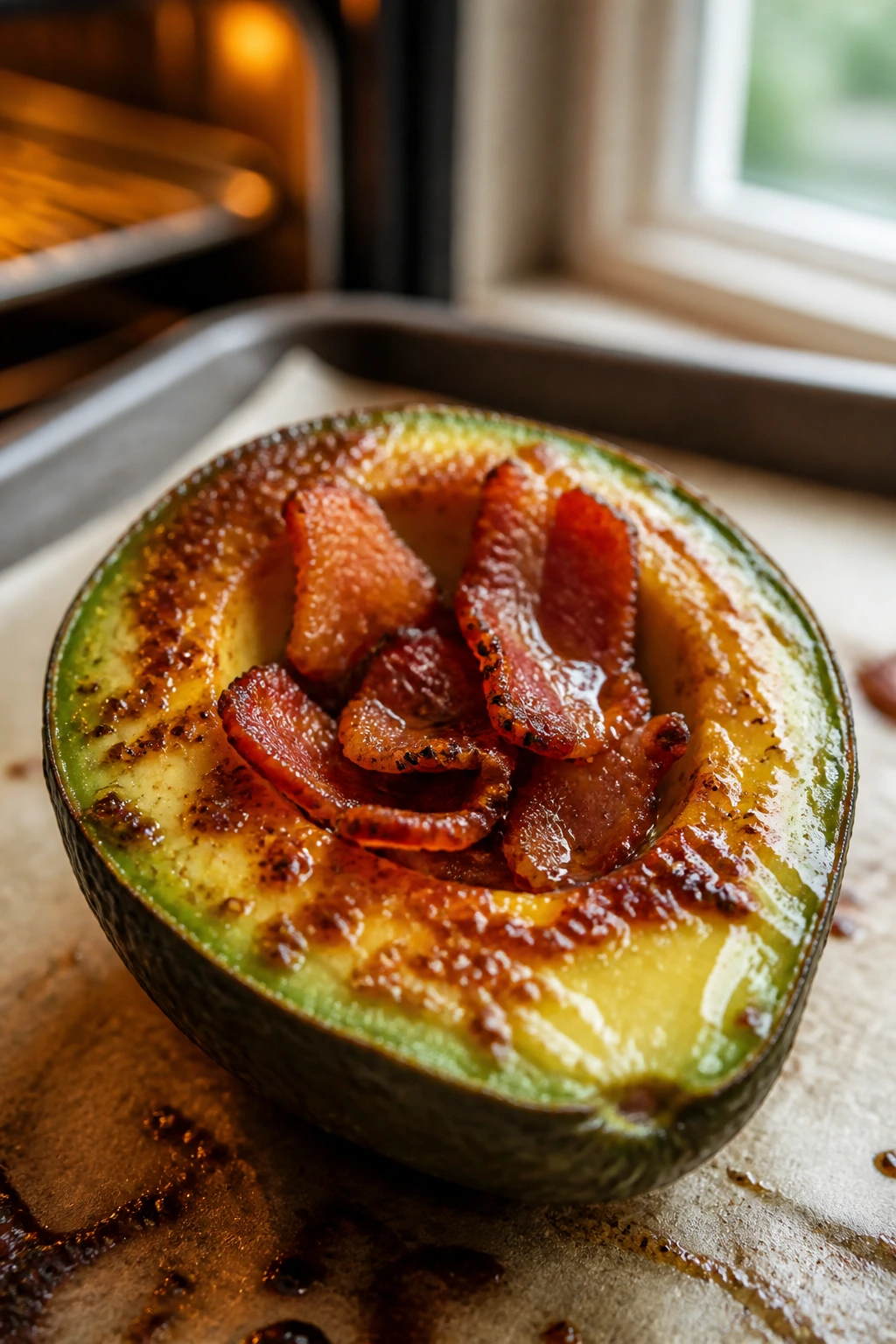 Close-up of bacon-stuffed avocado half with glossy glaze in a warm kitchen