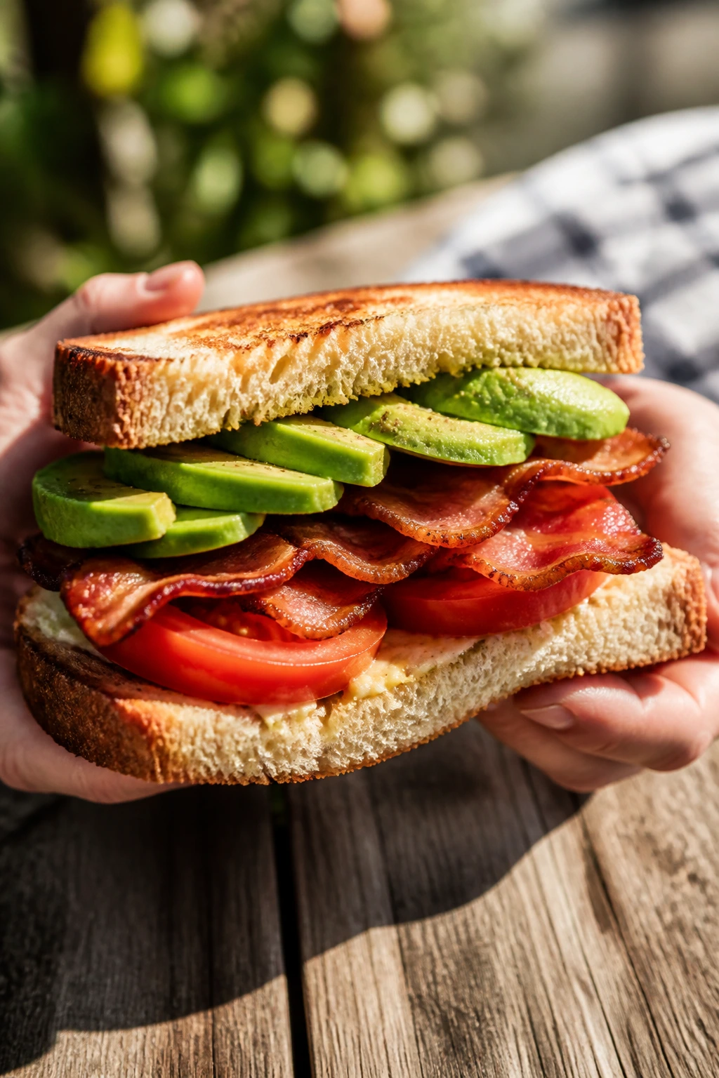 Close-up of bacon avocado tomato sandwich held in hands at a sunny outdoor picnic.