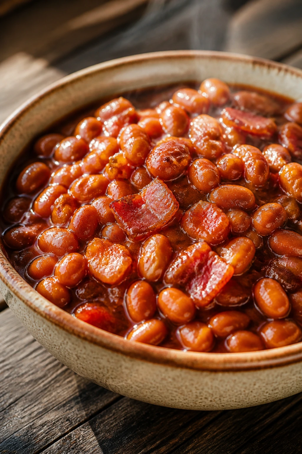 Close-up of glossy bacon baked beans in a rustic bowl on a wooden table with warm sunlight