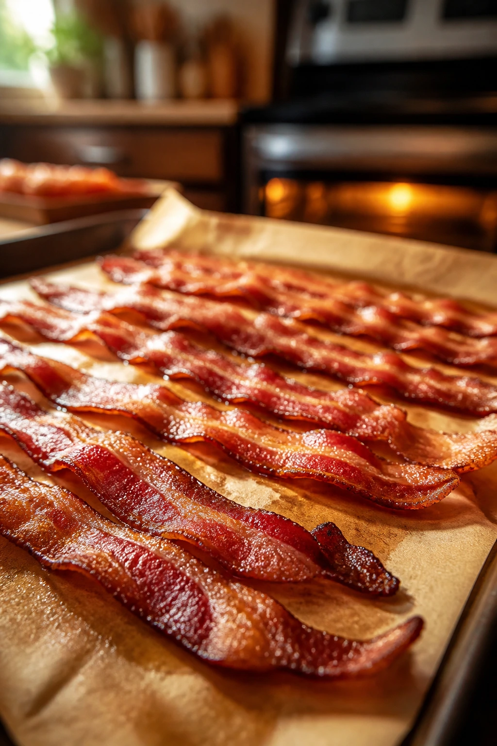 Crispy bacon on a baking sheet in a warm kitchen