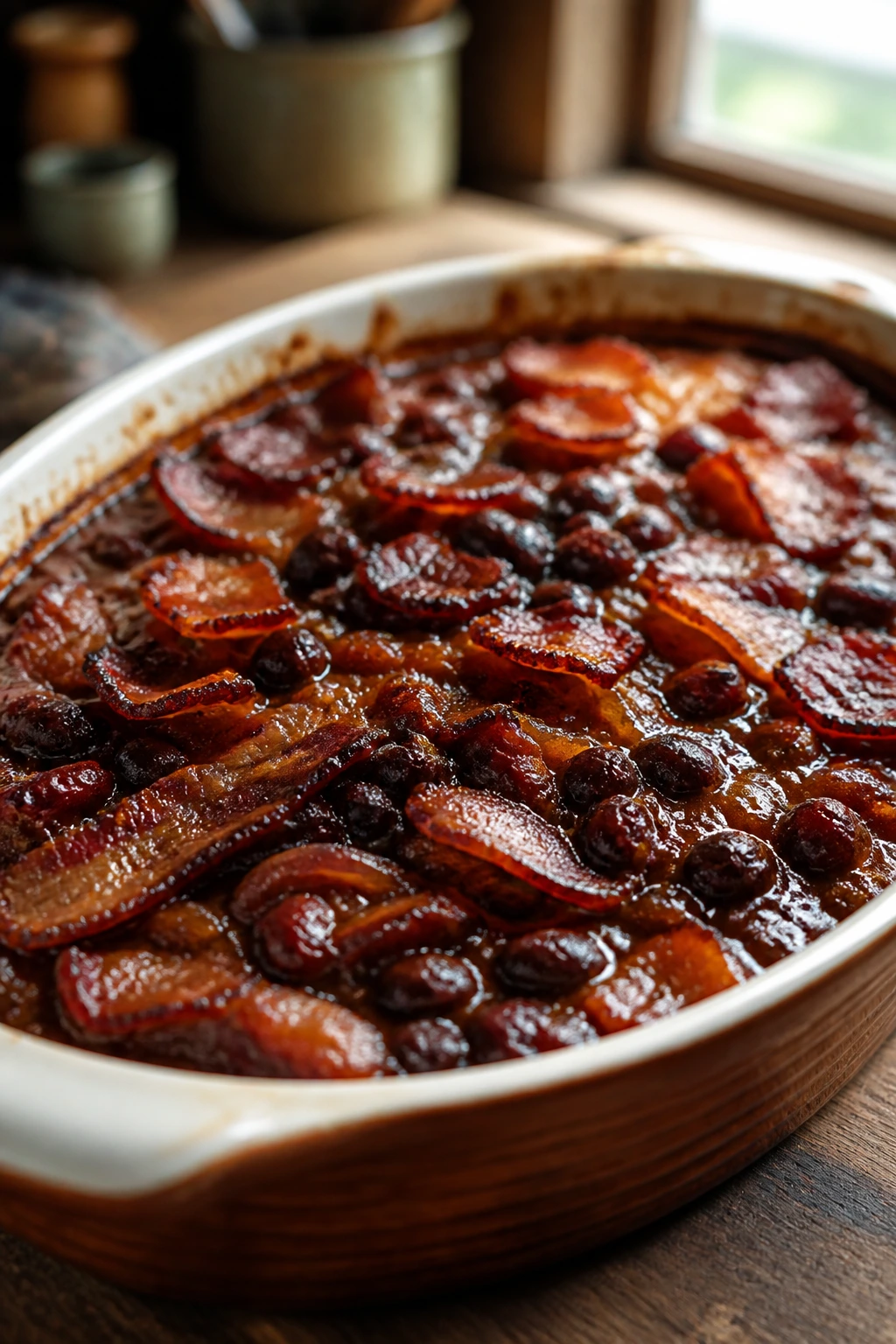 Close-up of Slow-Baked Bacon and Bean Casserole in a glossy dish