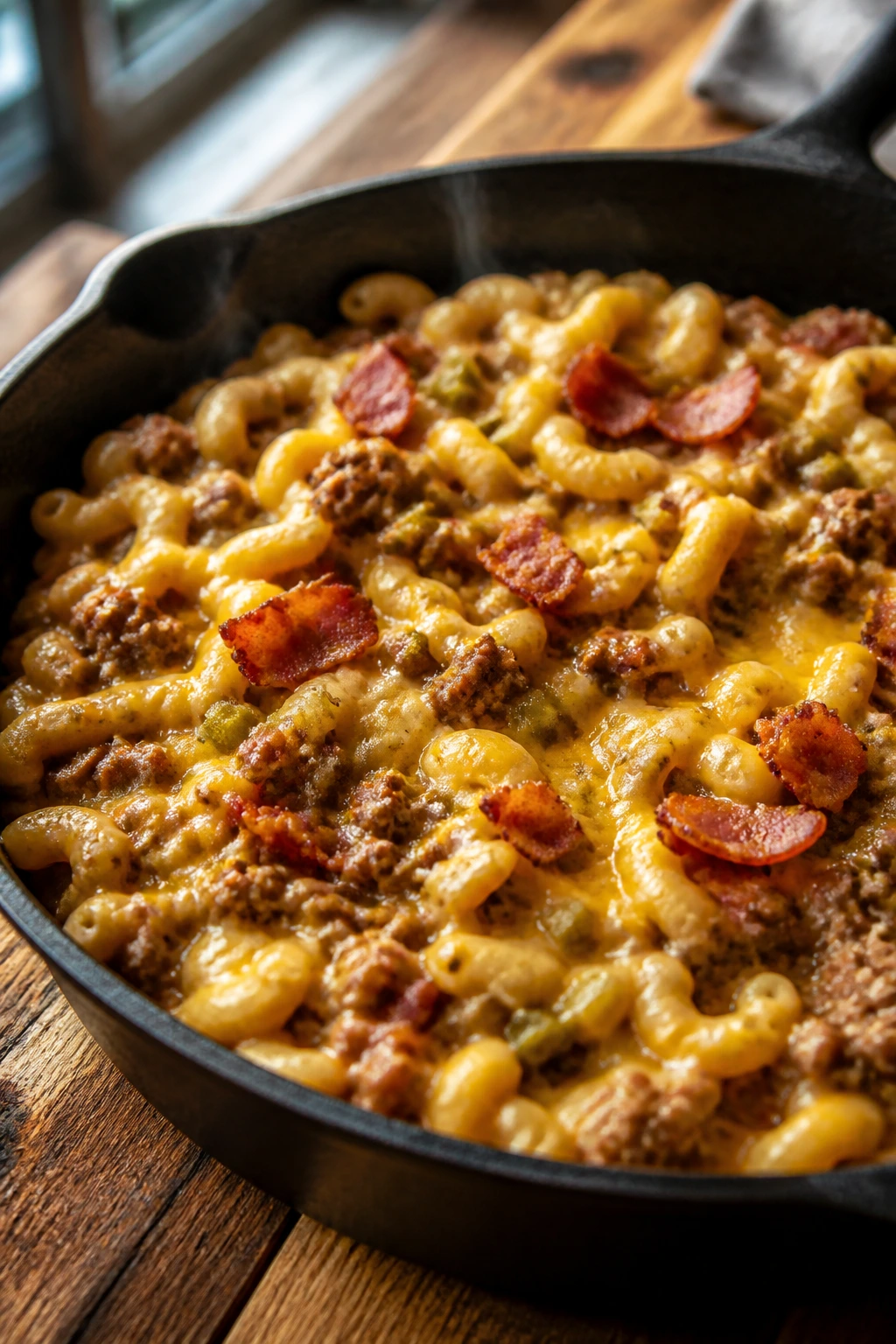Skillet with bacon cheeseburger pasta and melted cheese