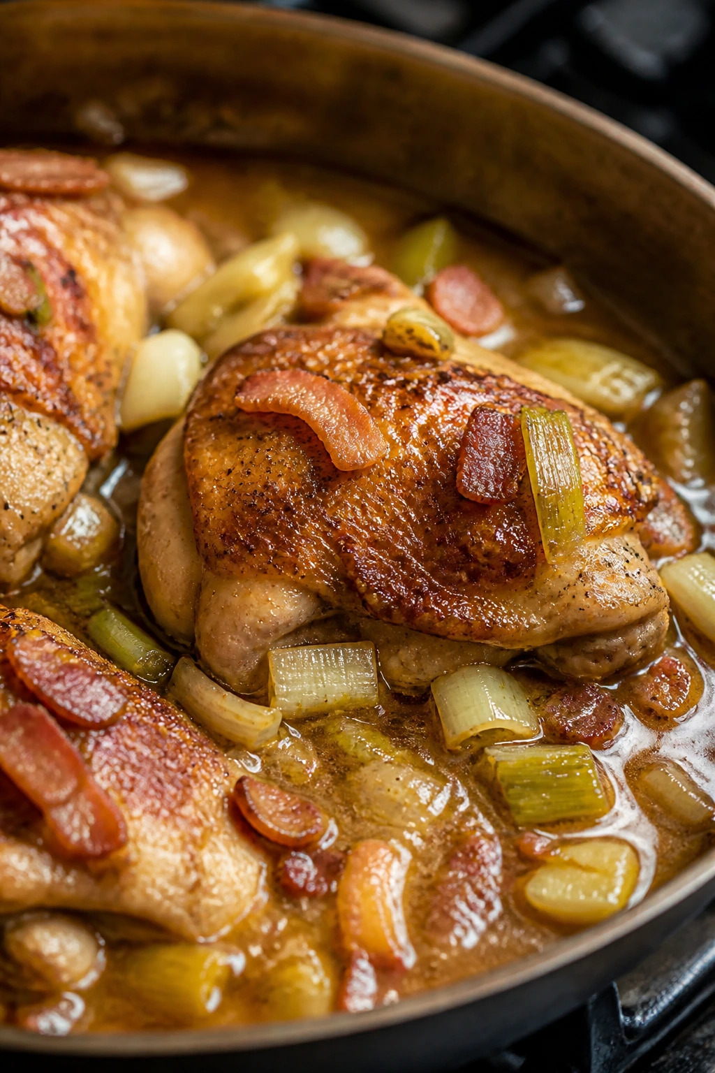 Bacon-braised chicken thigh with leeks in sauce