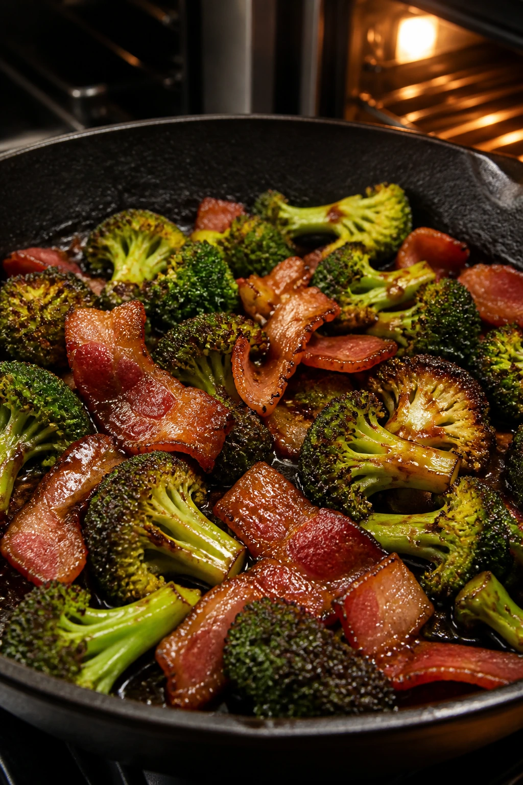 Close-up of a pan with crispy bacon and glazed broccoli in a warm kitchen