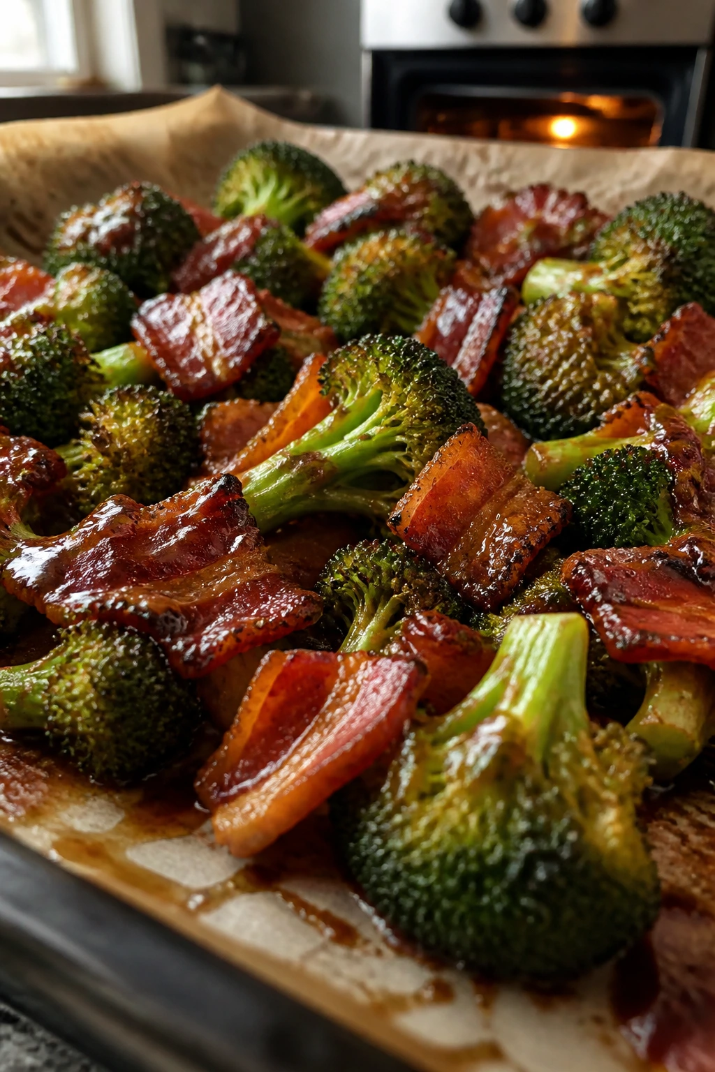 Close-up of bacon and broccoli with glossy glaze on parchment in kitchen