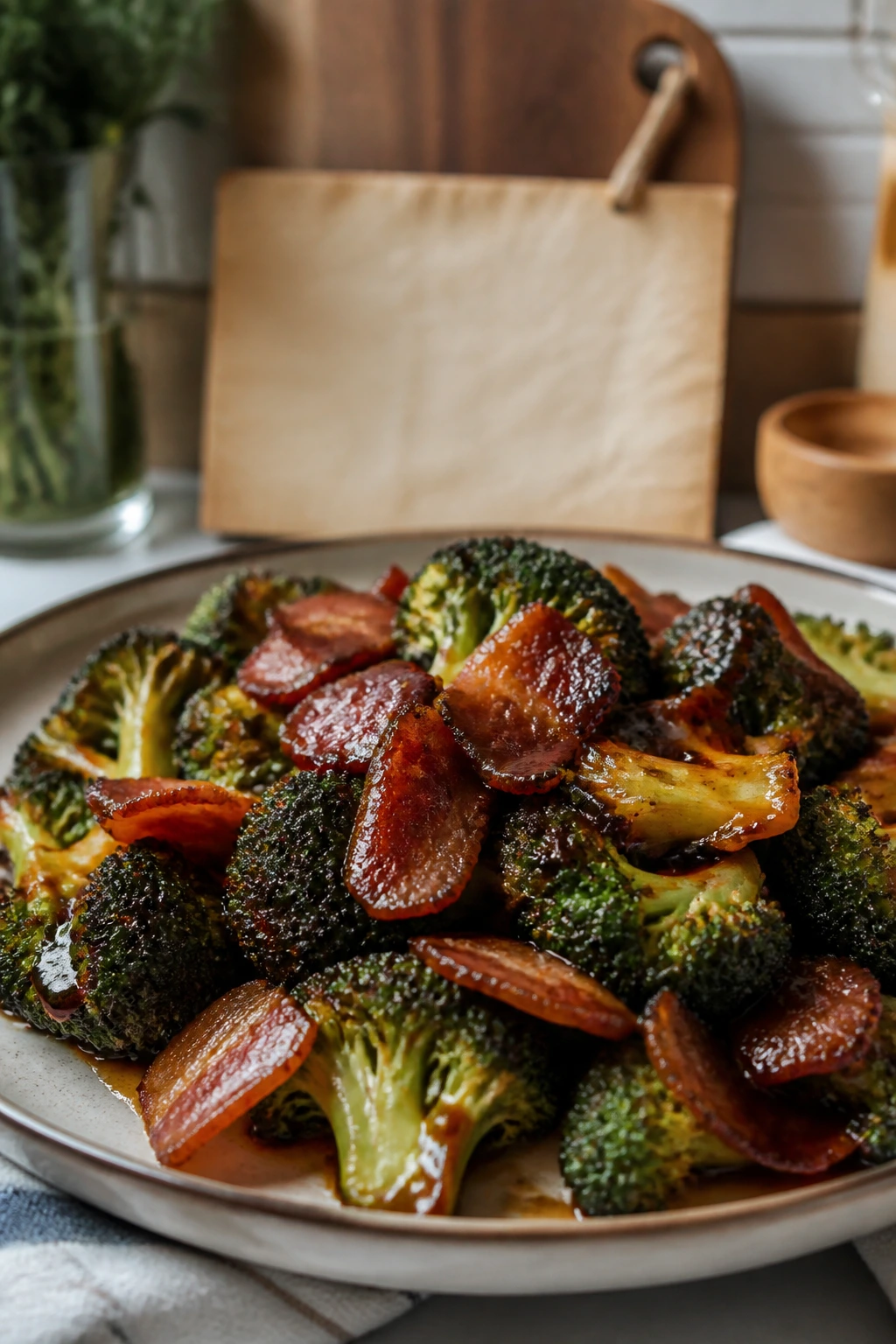 Plated crispy bacon and broccoli with glossy glaze, blurred recipe card in background
