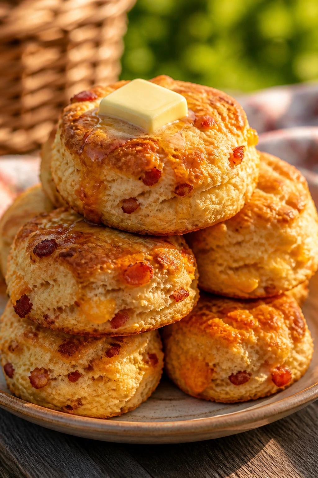Stack of bacon cheddar biscuits on rustic plate